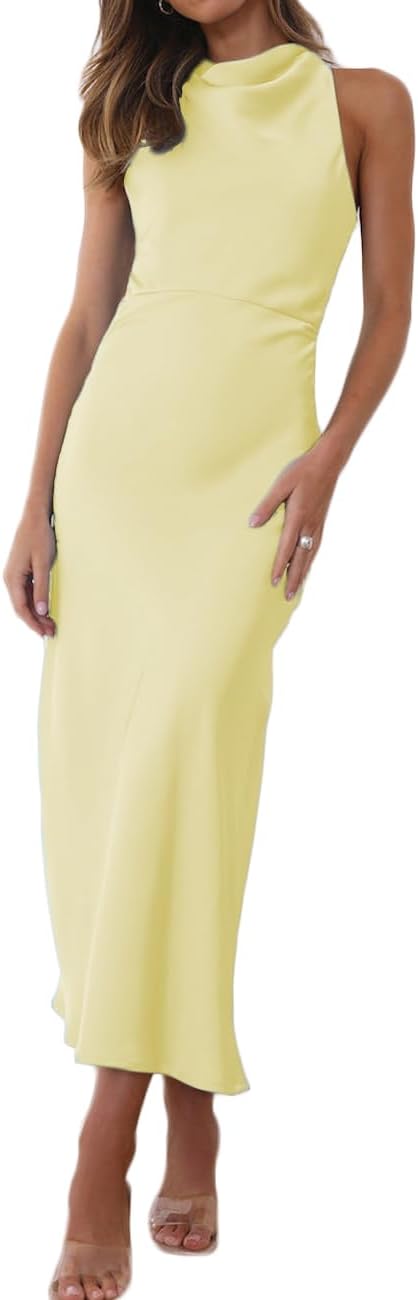 Elegant Backless Midi Dress for Women - Satin High Neck Style