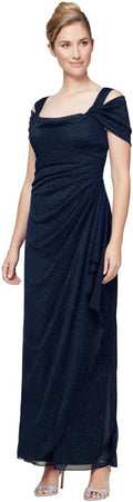 Alex Evenings Long Cold Shoulder Dress - Elegant Cowl Neckline
