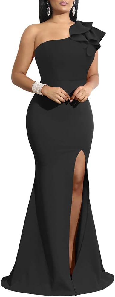 YMDUCH Women's Sexy One Shoulder Ruffle High Split Dress