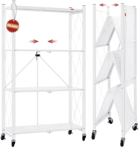 DEANIC 4 Tier Foldable Storage Shelves with Wheels for Home