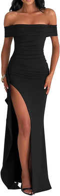 Women's Elegant Off Shoulder Ruched High Split Evening Dress - Bodycon