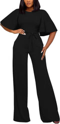 BessCops Womens Loose Short Sleeve Belted Wide Leg Jumpsuit - Chic