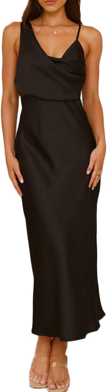 Elegant Summer Satin Cowl Neck Midi Dress for Women 2025
