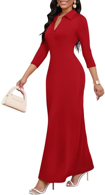 Maxi Dresses for Women Casual V Neck 3/4 Sleeve Bodycon Style