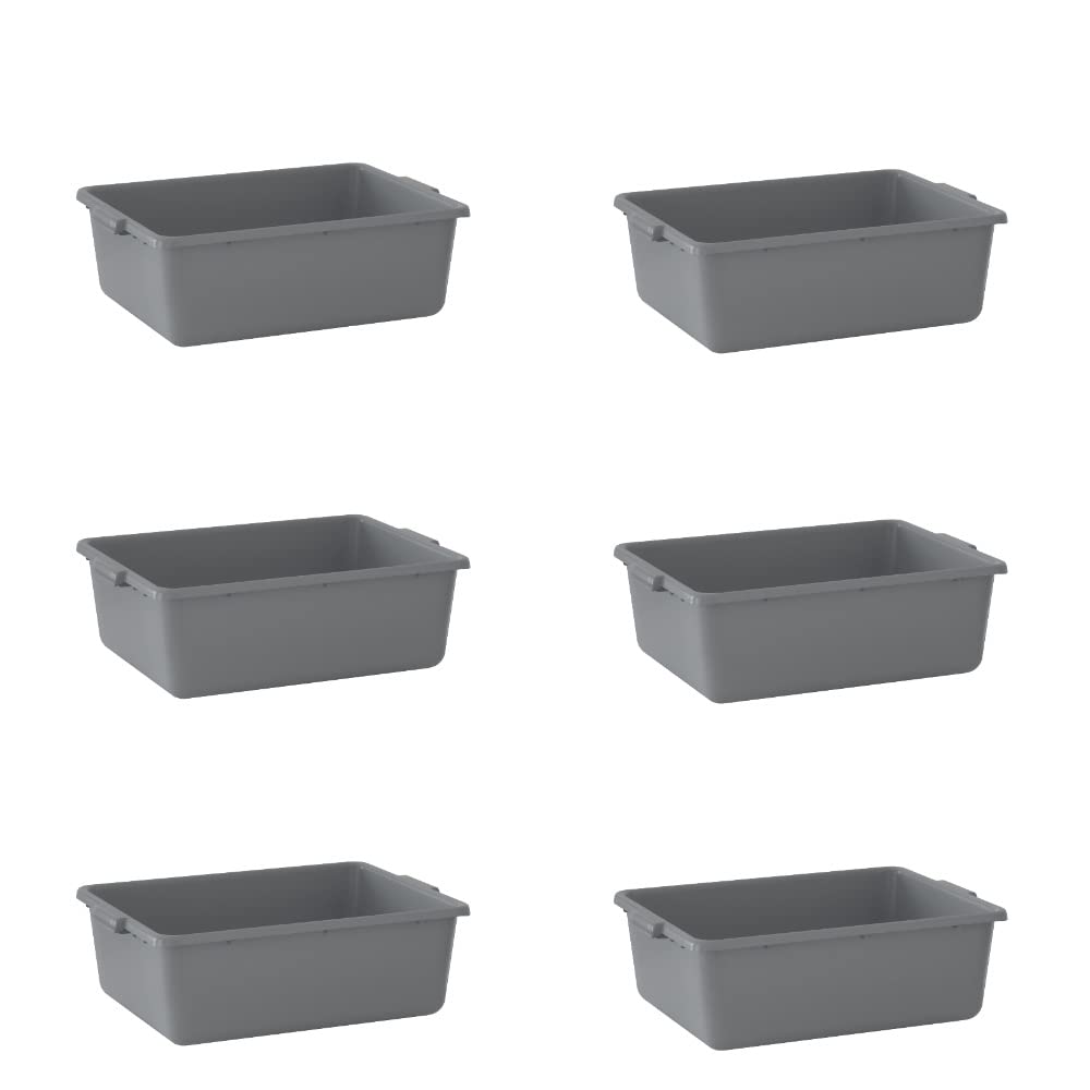 6-Pack 20in x 15in x 7in 9 Gallon Gray Plastic Bus Tub