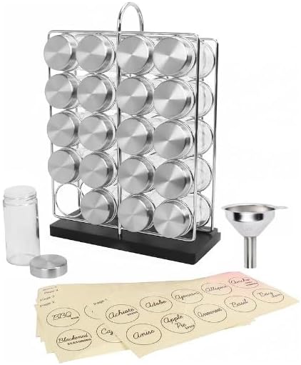Orii 20 Jar Chrome Wire Spice Rack with Bamboo Base for Kitchen