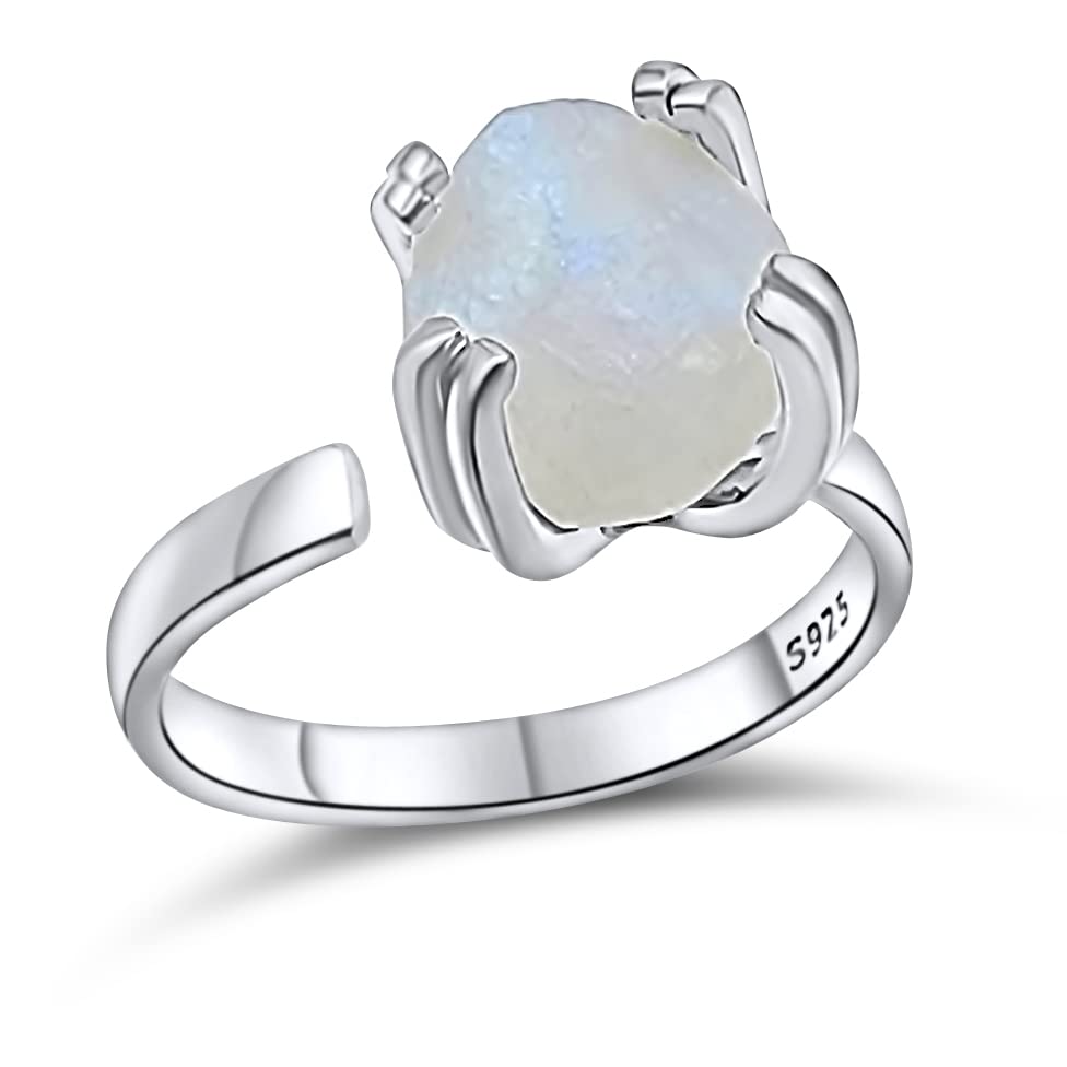Natural Raw Moonstone Adjustable Ring in White Gold Over Silver