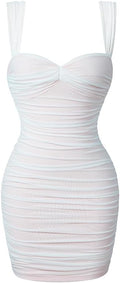 Women's Summer Sexy Bodycon Sleeveless Mesh Ruched Mini Dress