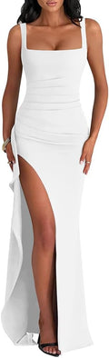 LAGSHIAN Women's Elegant Square Neck Sleeveless Bodycon High Split