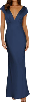 Halfisland Womens Satin V Neck Cap Sleeve Backless Maxi Dress which