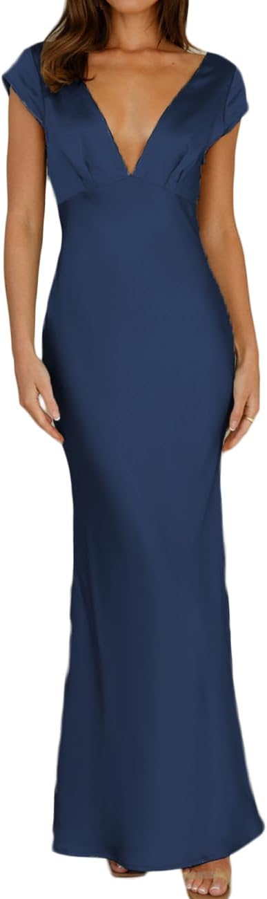 Halfisland Womens Summer Satin V Neck Cap Sleeve Maxi Dress