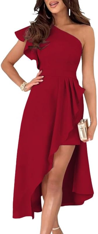 Dokotoo Womens One Shoulder Ruffle High-Low Midi Dress