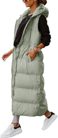 Women Long Quilted Hooded Maxi Puffer Vest - Warm Sleeveless Coat