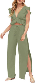 FANCYINN Womens 2 Piece Deep V Crop Top and Wide Leg Pants Set Shoes