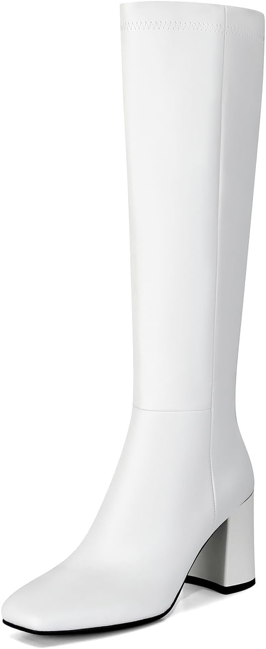SOVANYOU Women's Faux Leather Knee High Chunky Heel Boots