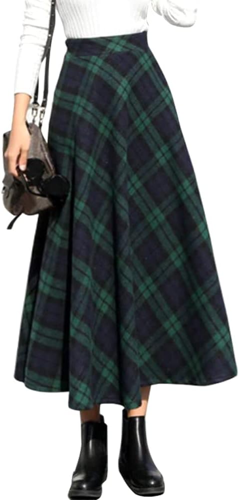 Womens Plaid Wool Skirts A-Line Pleated Tartan Long Skirts