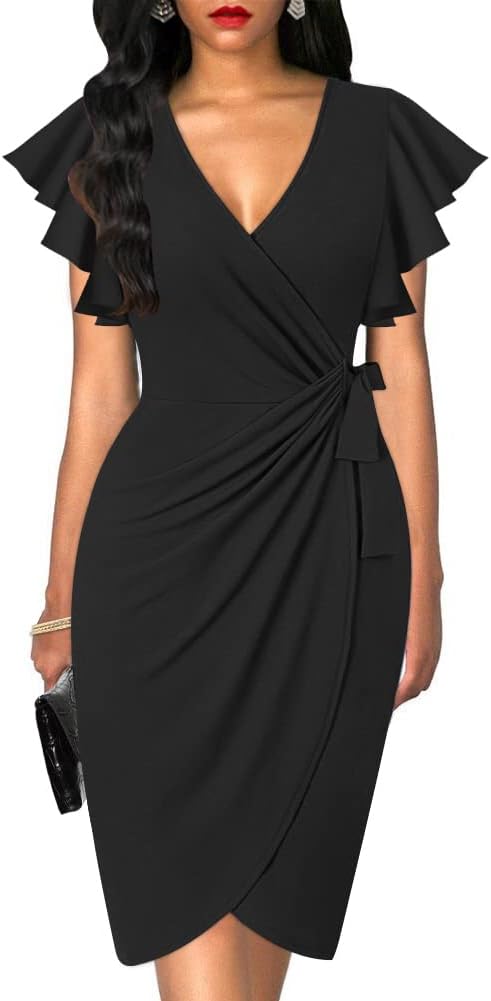 Womens Deep V Neck Ruffle Sleeve Sheath Casual Cocktail Dress