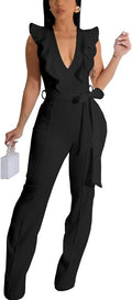 Womens Casual One Piece Jumpsuit V-Neck Sleeveless Ruffle - Elegant
