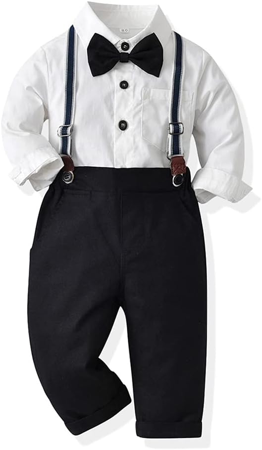 Toddler Boys Christmas Outfit with Bowtie and Suspender Pants