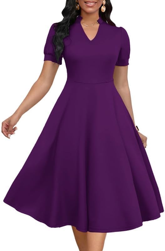 Womens Short Puff Sleeve V Neck Casual Cocktail A-Line Dress