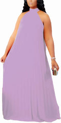 Womens Plus Size Chiffon Halter Neck Pleated Maxi Dress - Flowing Fit