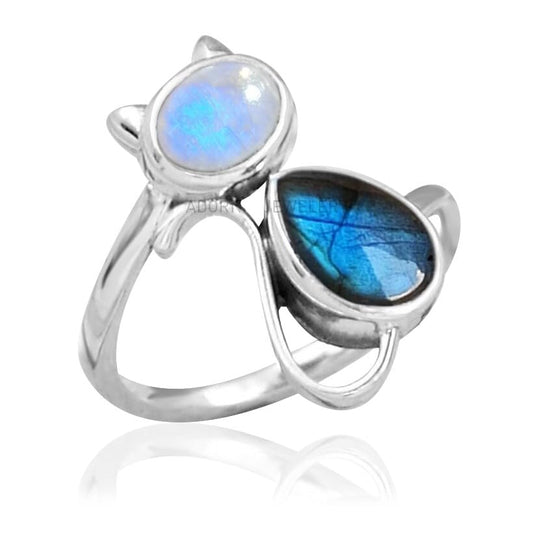 Sterling Silver 925 Ring with Genuine Labradorite and Moonstone