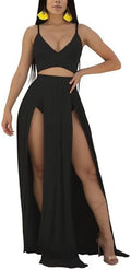 Women Sexy 2 Piece Chiffon Dress Set - Deep V Maxi Split
