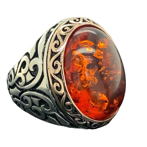 Mens Handmade Natural Amber Stone Ring in 925k Sterling Silver