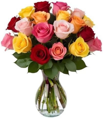 18 Rainbow Roses Assorted Mixed Color Bouquet with Vase