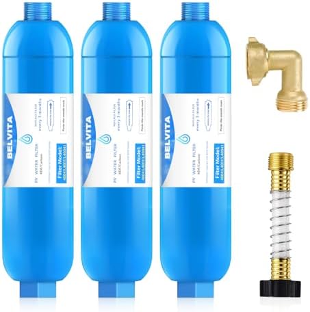 BELVITA RV Inline Water Filter with Brass Hose Elbow for Safety