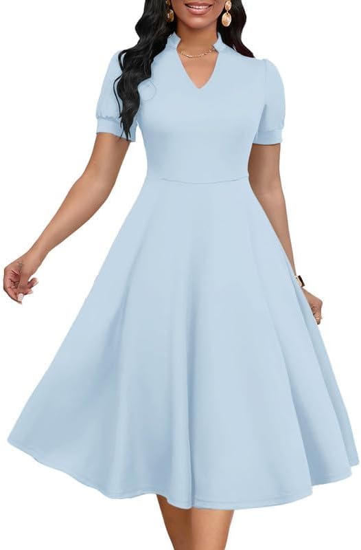 Womens Short Puff Sleeve V Neck Casual Semi-Formal A-Line Dress