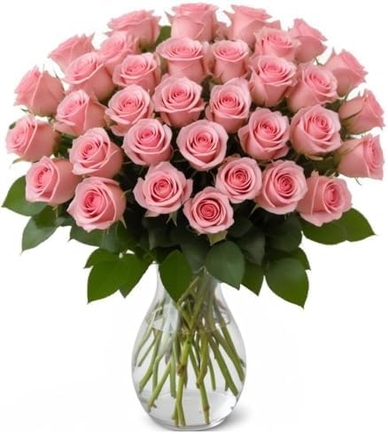 25 Pink Roses in Hand Blown Glass Vase for Any Occasion