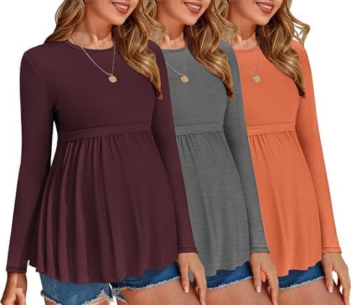 Ekouaer Maternity Shirts 3 Packs Pleated Long Sleeve Tops