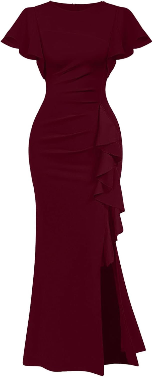 Memoriesea Women's Elegant High Split Ruched Bodycon Dress