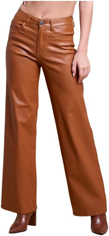 High Waisted Super Stretch Faux Leather Wide Leg Pants for Women