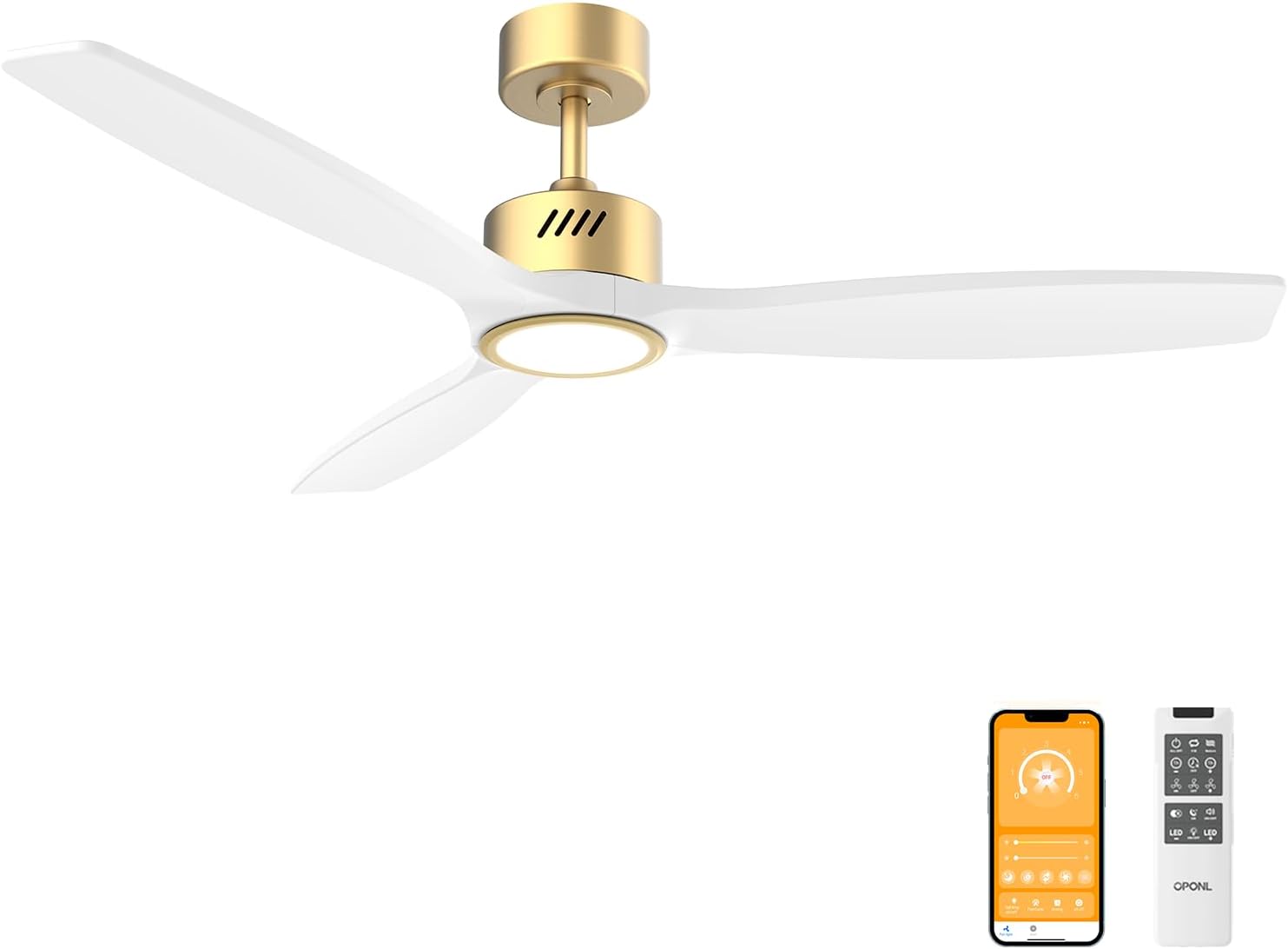 White Wood Ceiling Fan with Light 52in, Remote Control, Noiseless