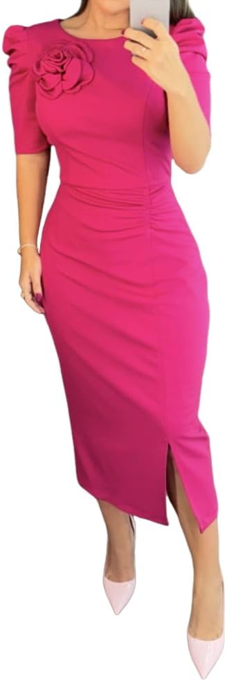 Elegant Bodycon Midi Dress with Puff Sleeves for Any Occasion