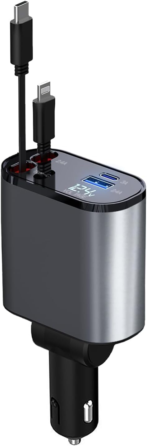 Super Fast 66W Car Phone Charger - 4 in 1 with 2 Cables & USB Ports