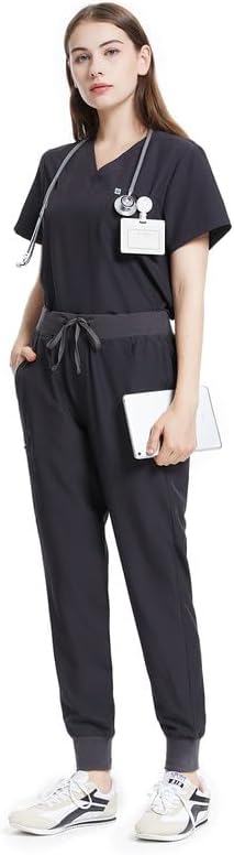 Professional Women's Scrubs Set with 8 Pockets and Yoga Waistband