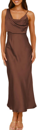 Summer Satin Cowl Neck Midi Dress for Women - Backless Spaghetti Strap