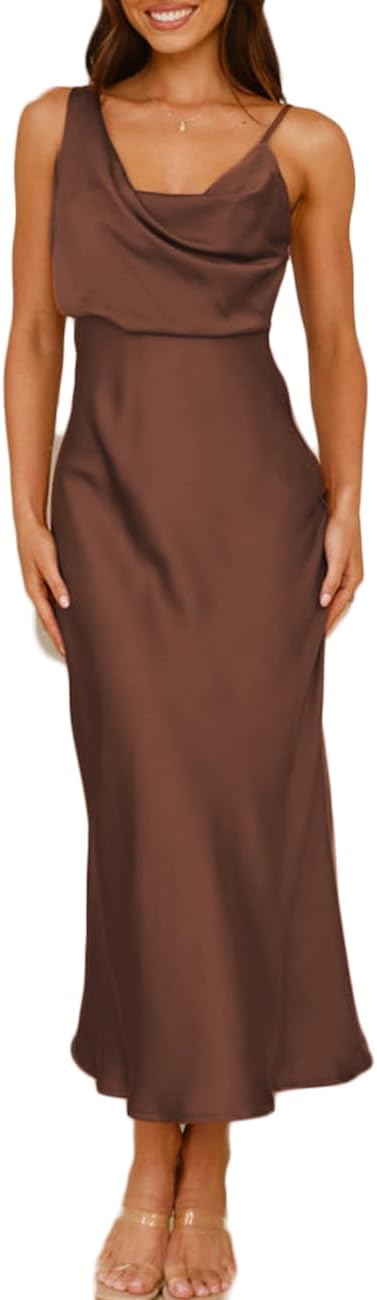 Elegant Summer Satin Cowl Neck Midi Dress for Women 2025