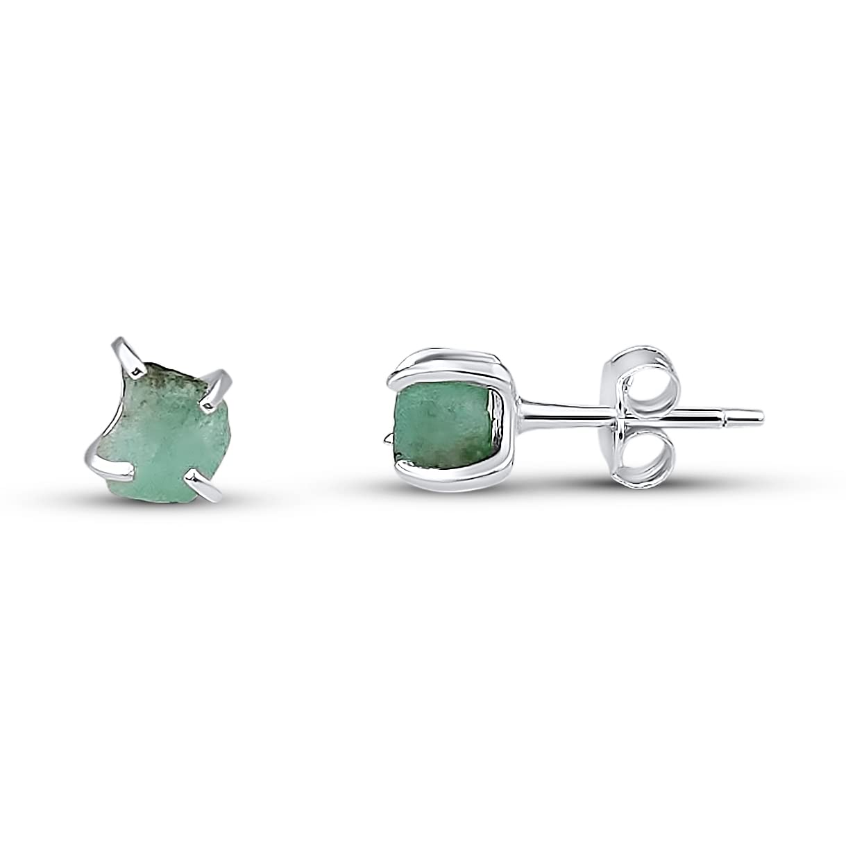 Raw Beryl Emerald Stone Tiny Stud Earrings in 925 Silver