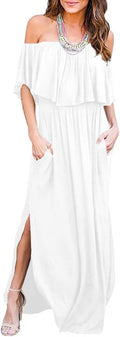 Off The Shoulder Ruffle Maxi Dress for Women - Side Split Beach Style
