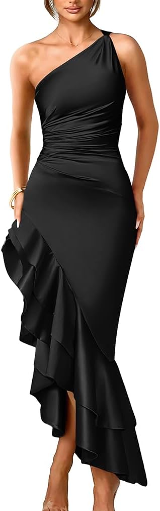 Elegant One Shoulder Ruched Asymmetric Ruffle Satin Dress