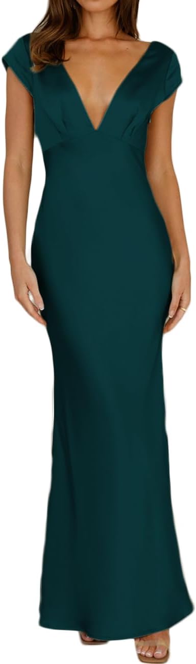 Halfisland Womens Summer Satin V Neck Cap Sleeve Maxi Dress