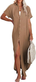 Womens Short Sleeve Button Down Long Kimono Cover Up - Lightweight