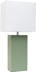 Modern Leather Table Lamp with White Fabric Shade - Sage Green