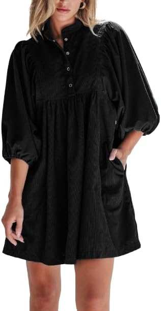 Womens Casual Corduroy Button Up Empire Waist Mini Dress