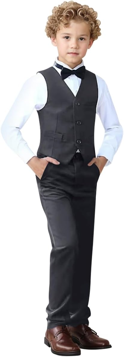 Boys Suit Set Formal Dress Shirt with Bowtie and Vest Pants