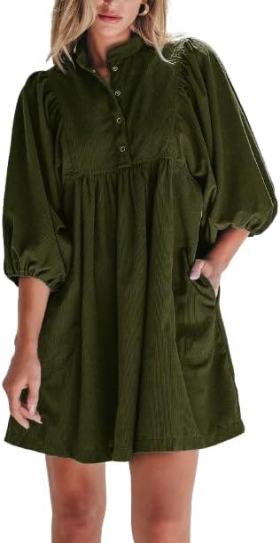 Womens Casual Corduroy Button Up Mini Babydoll Dress for Fall